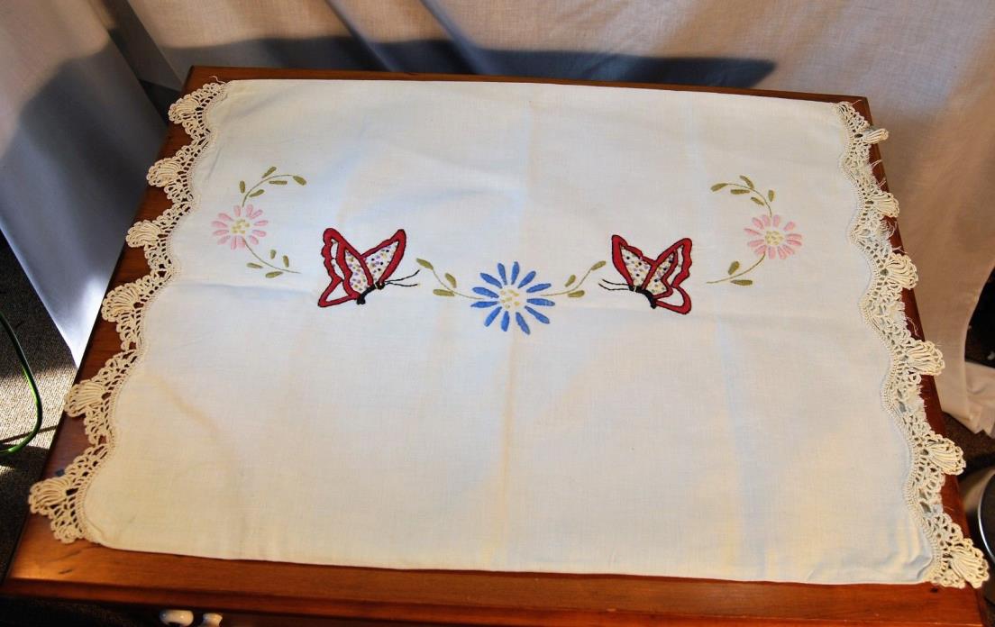 Antique Hand Embroidered Crochet Lace Linen Pillowcase Cover Arts Crafts