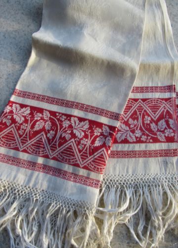 Oversize Turkey Red Damask Linen Towel 50x24 Hand Knotted Fringe Antique Vintage