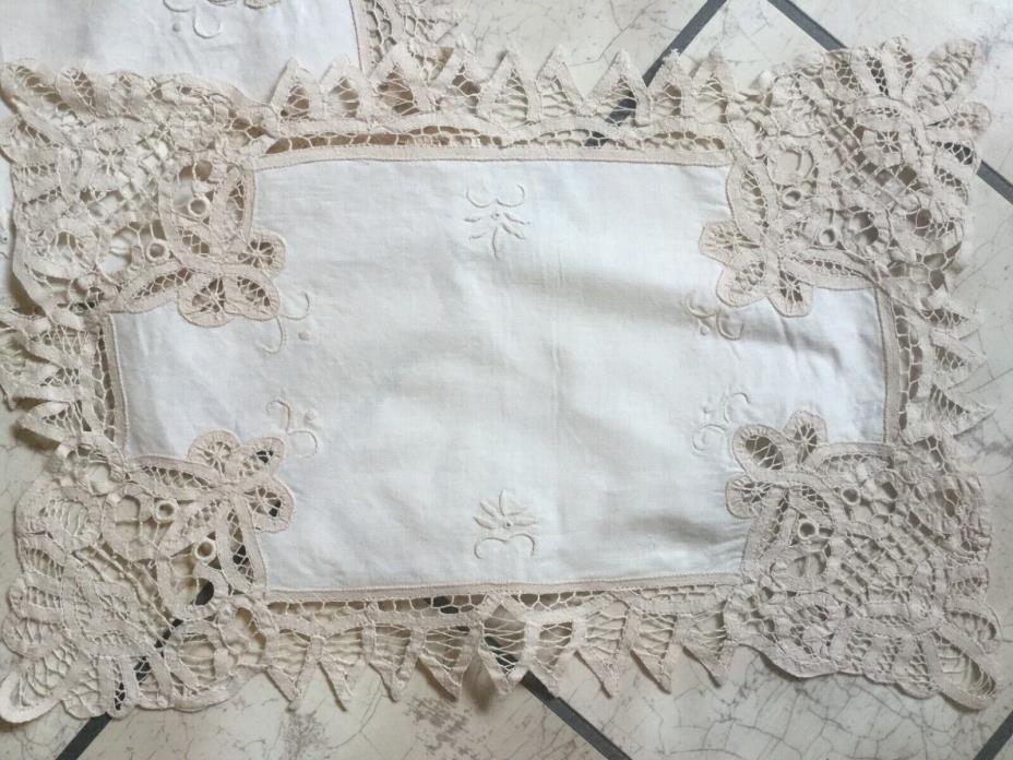 Antique vintage set 3 ivory lace & linen place mats~runners~doilies w embroidery