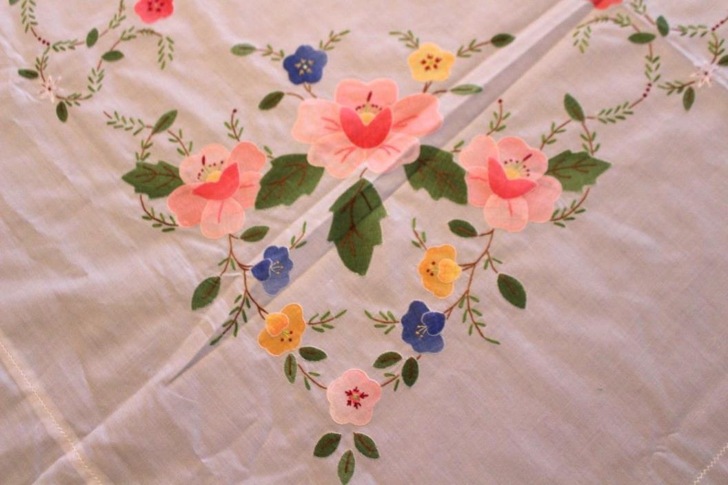 Beautiful Vintage Hand Embroidered Applique Floral Tablecloth/Bed Cover 69x50