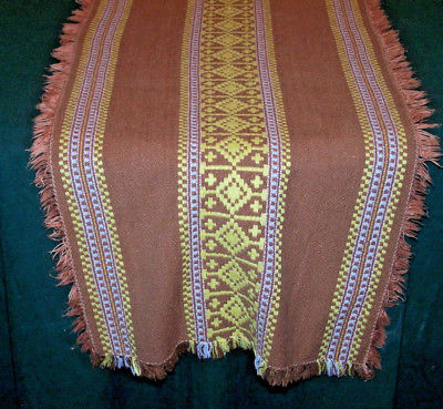 UNUSUAL JAQUARD EMBROIDERED TABLE RUNNER, BROWN, YELLOW, SLOVAKIAN FOLK ART 1960