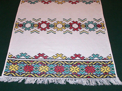 MULTI-COLOR JAQUARD EMBROIDERED TABLE RUNNER, COLORFUL SLOVAKIAN FOLK ART, c1930