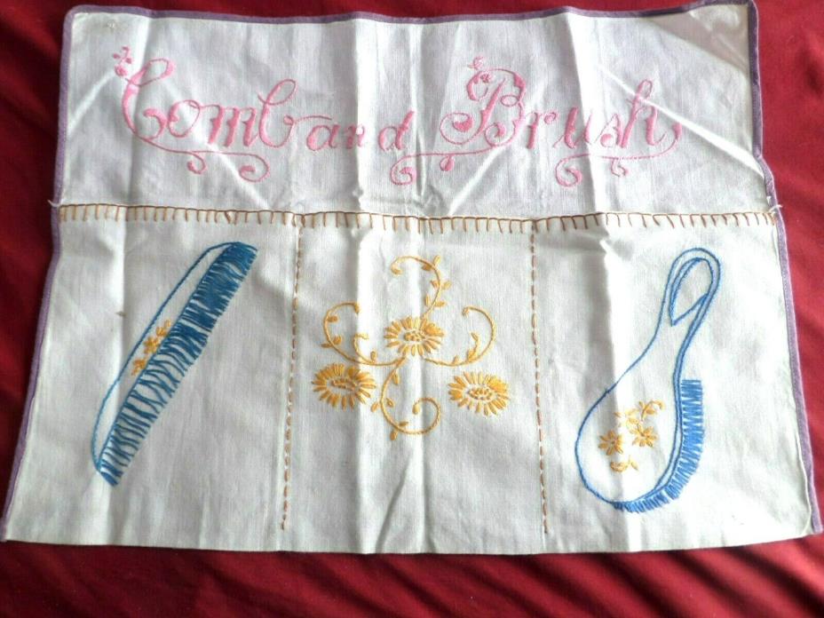 Vintage Antique Linen Embroidered~Crochet COMB & BRUSH Holder~Vanity~3 Pockets