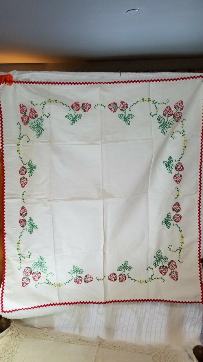Vintage Hand Crewel Embroidered With Rickrack Edges Strawberries and Flowers