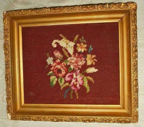 Needlepoint Flowers Framed Antique Vintage Hollywood Regency Chair Seat Cover