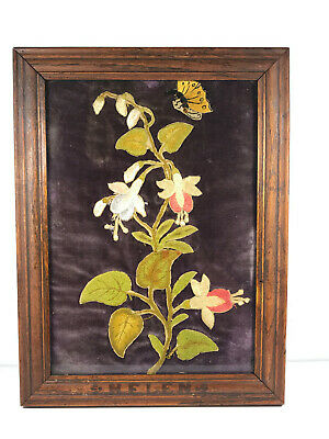 c.1890 Antique Velvet Flowers Butterfly embroidery in wooden frame