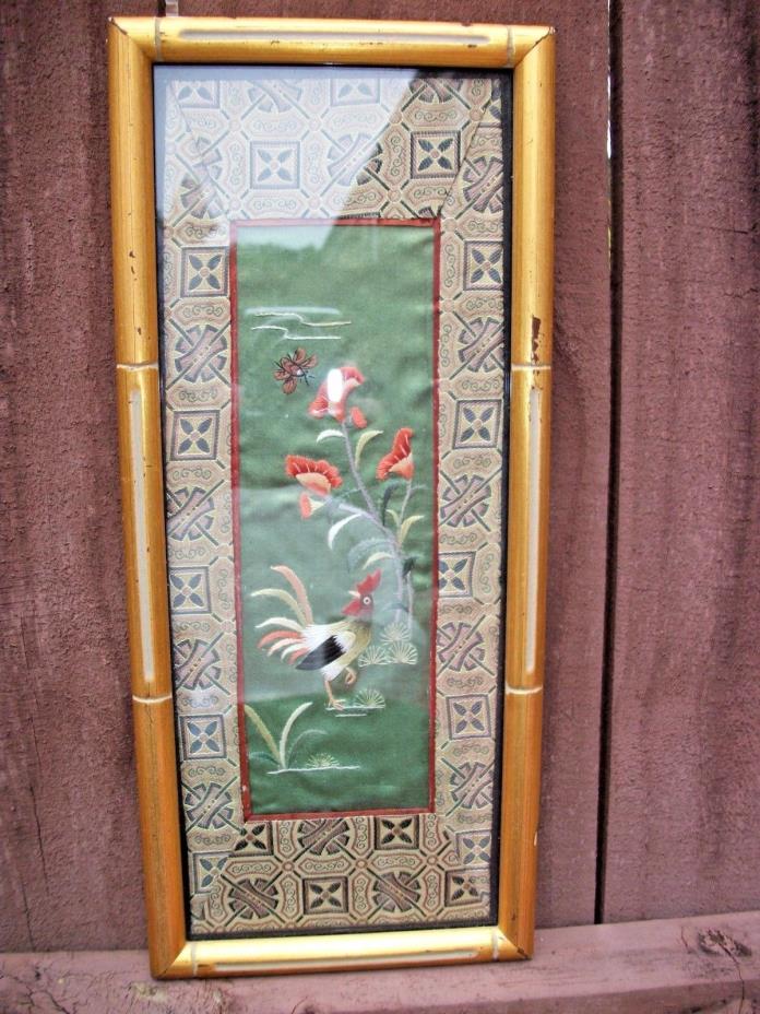 Oriental Embroidery on Silk of Rooster, Flowers & Bee Picture w/Frame Beautiful!