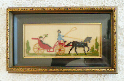 Antique Petit Point Shadow Box Frame Victorian Horse & Buggy Design Embroidered