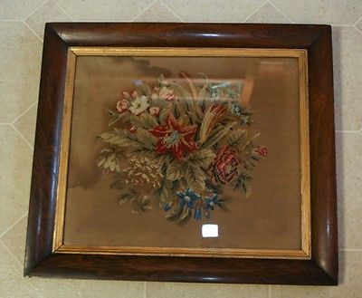 Antique 19th C Decorative Arts Floral Embroidery On Linen ~18