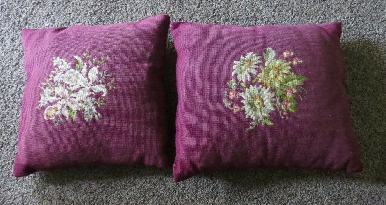 VTG 2 Petite Point Burgundy Throw Pillows~Flowers Square Great condition