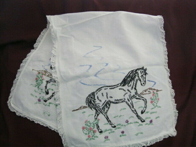 Vintage Hand Embroidery Horses Large Doily Table Centre White Cotton 36