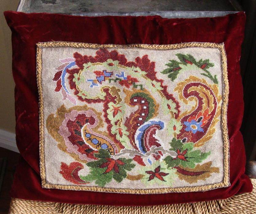 Antique Victorian Beadwork Beaded Needlepoint Silk Velvet Pillow