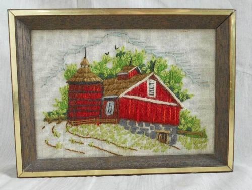 Needlework Farm Country Red Barn Silo Landscape Vintage Framed Landscape