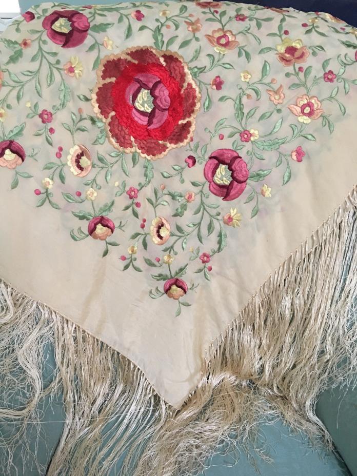 PIANO SHAWL HEAVILY EMBROIDERED 1 of a KIND SILK 49x49