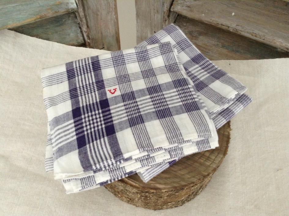 Antique/VTG French Fabric  Cotton Handkerchiefs Lot Two Purple & White  Textile