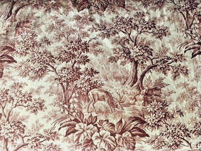 Antique French TOILE Fabric Floral Brown Ivory Deer Trees