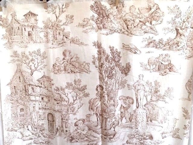 Antique French Toile Fabric 19th C Brown Sepia Sheep Pastoral