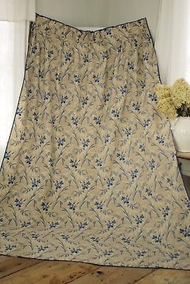 HUGE Antique French blue floral curtain c 1860 drape shabby chic country faded