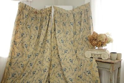 2 set Antique Curtains French blue floral 1860 printed drapes country rose sprig