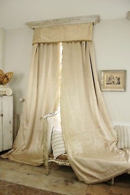 2 antique +valance French raw silk curtains Cream tall ceilings drapes 30's