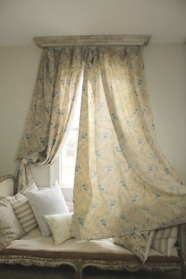 2 set Antique Curtains French blue floral 1860 printed drape country textile