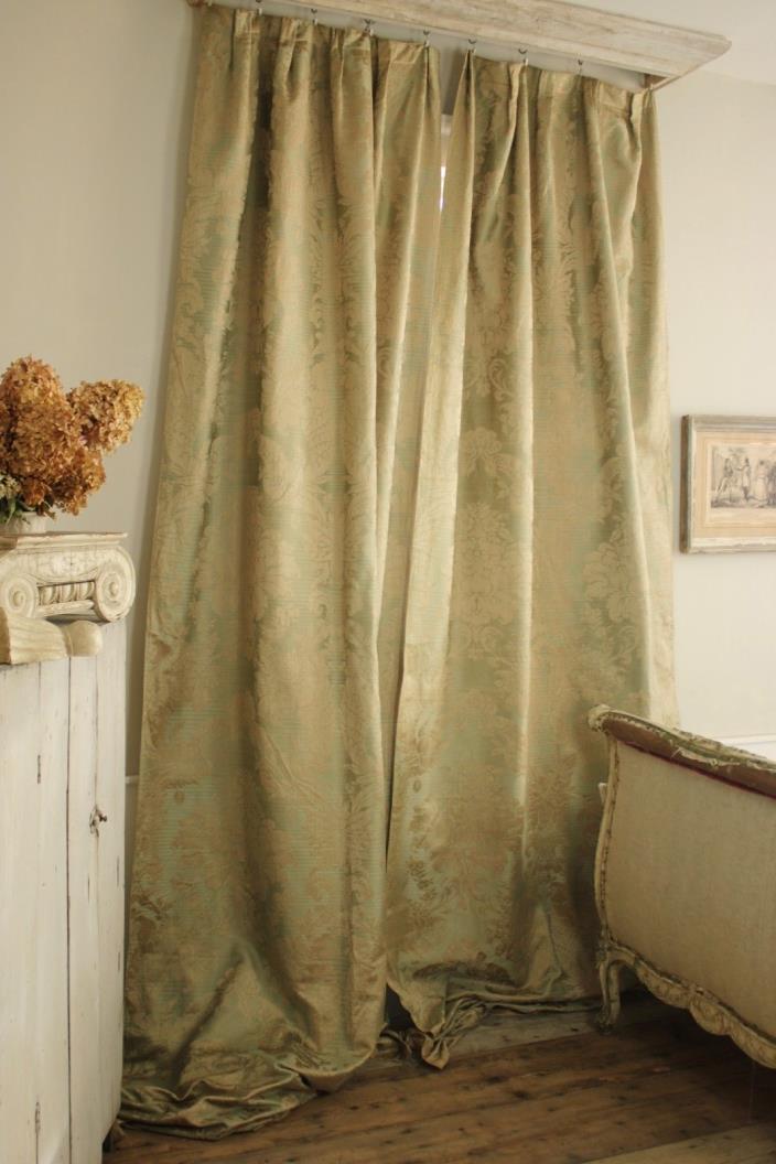 Silk damask curtains green gold French c1920's old vintage drapes pair textiles