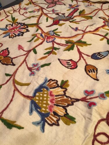 Antique Embroidered burlap Fabric Birds Spring Flowers California Estate Item