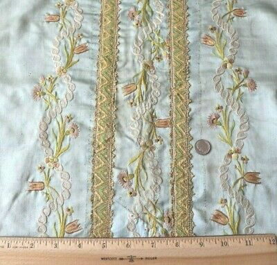 French Antique 18thC Silk Floral Embroidered Blue Silk Table Cover~L-54