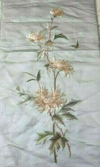 Antique c1870 Silk On Silk Hand Embroidered Asian Motif~Ice Blue~L-26