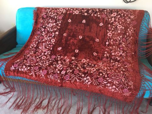 Antique Red Velvet Embroidered Piano Scarf. 5’x5’
