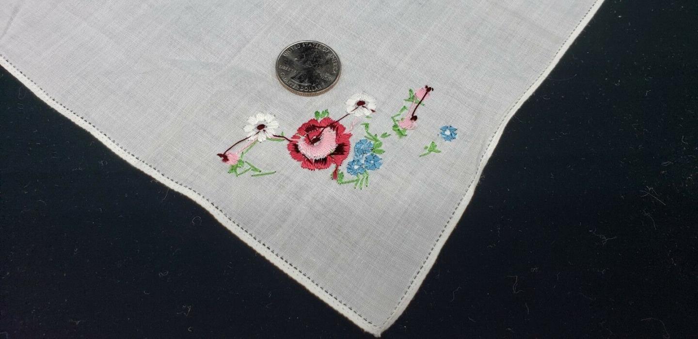Antique / Vintage Handkerchief Petit Point Embroidered Flowers Floral