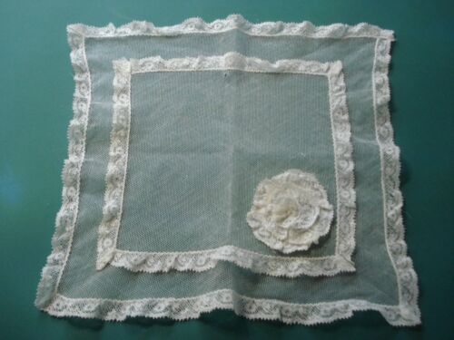 Antique Wedding Bridal Net Hankie - Val Lace Rosette - 9 Inch - #467