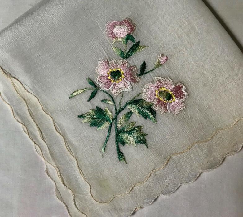 Early Vintage Gorgeous Pink Flowers Handkerchief  Scalloped Edges 12 3/4