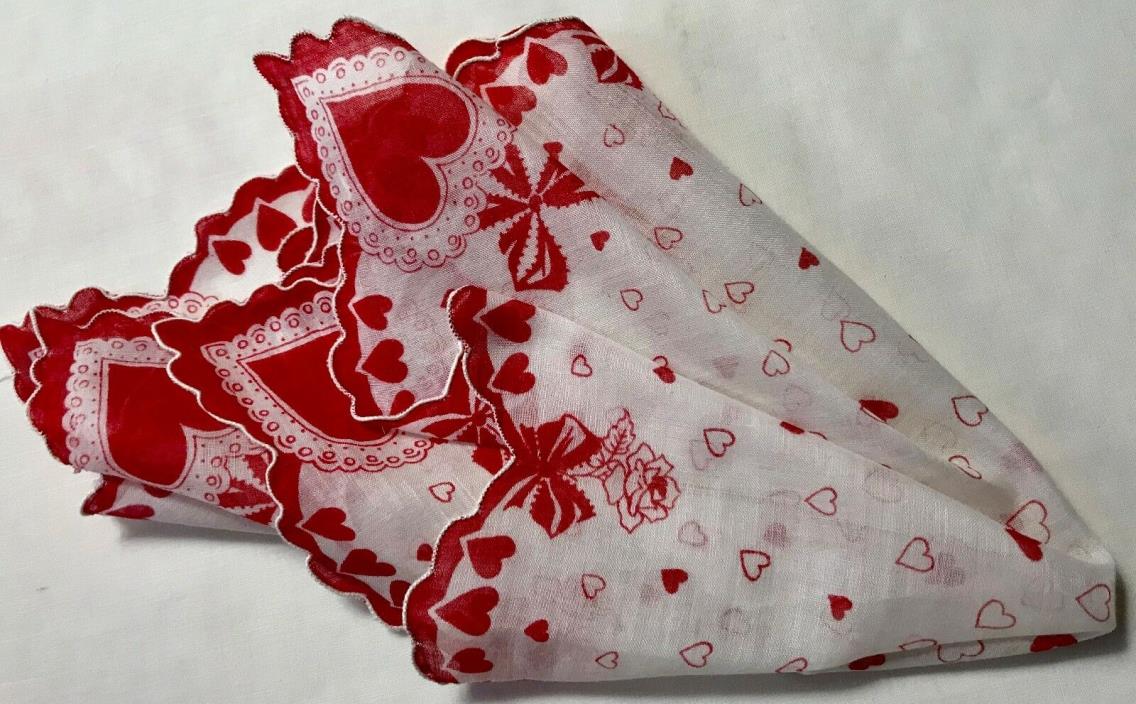 Early Vintage Gorgeous Red Hearts & Bows Handkerchief  Scalloped Edges 13