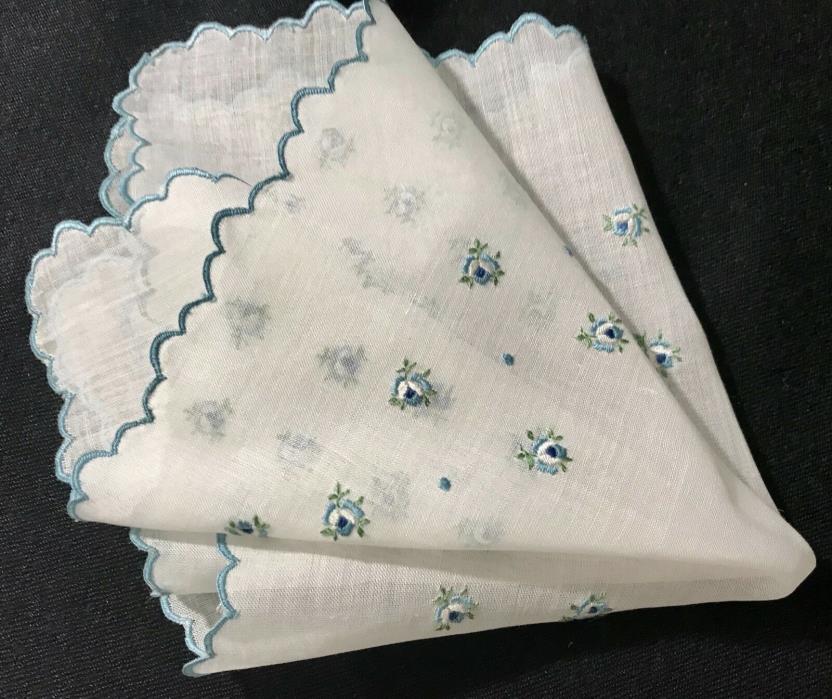 Early Vintage Gorgeous Small Blue Flowers Handkerchief Button-hole Stitch Hem