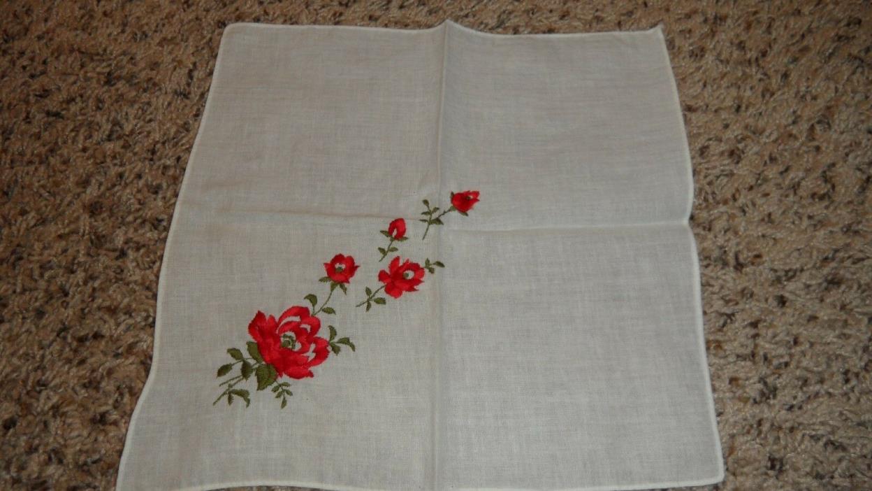 Lovely Ladies Vintage Red Roses Embroidered Handkerchief