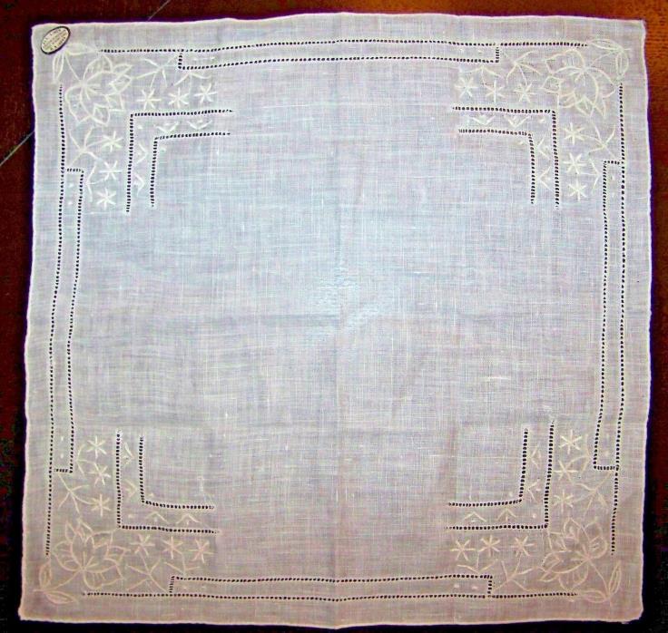 Beautiful linen Art Deco handkerchief hankie with hand drawnwork.