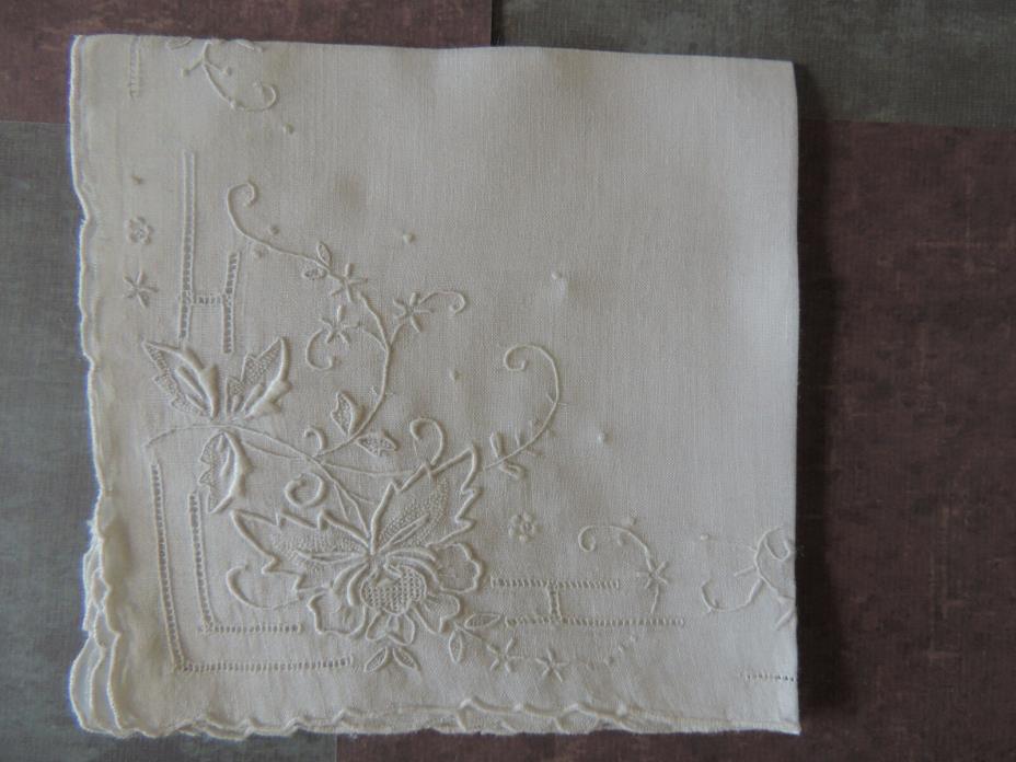 Antique  Embroidered Wedding Bridal Ladies Handkerchief French 10.5