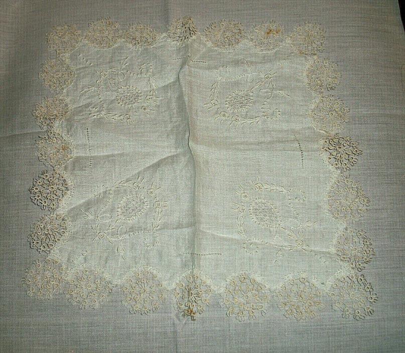 Handkerchief, T w/ Tatting & Embroidery, Off White 9 1/2