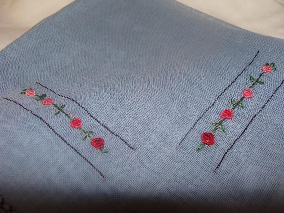 C1920 Slate Blue ECS Hand Stiched Antique French Rosette Handkerchief