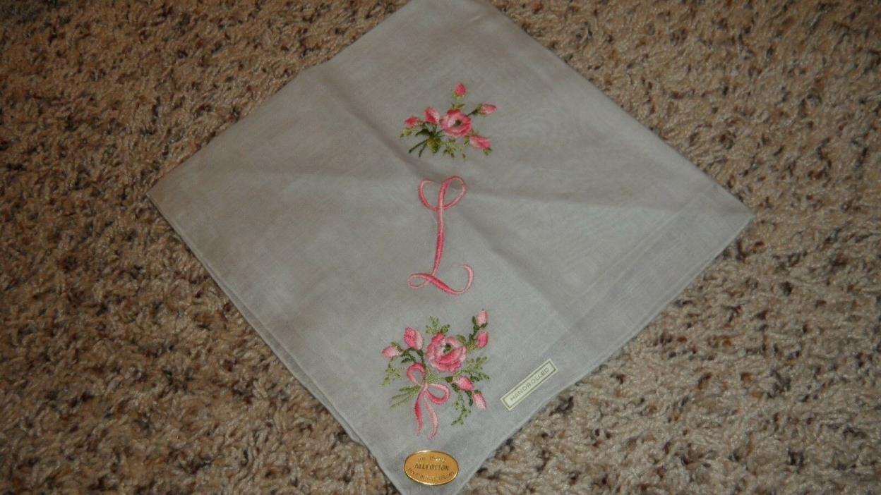 Ladies Vintage Script Initial L with Pink Flowers Embroidered Handkerchief