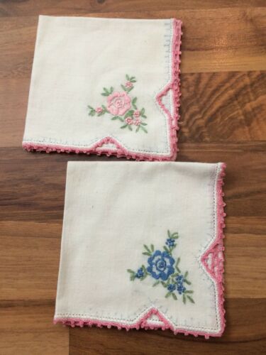 Vintage White Hankies Pink Crocheted Lace Edge Trim & Pink and Blue Flowers