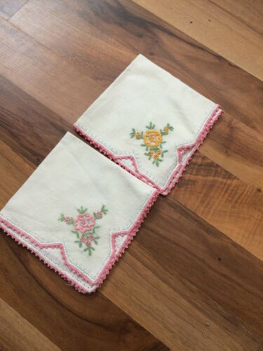 Vintage White Hankies Pink Crocheted Lace Edge Trim & Pink and Yellow Flowers