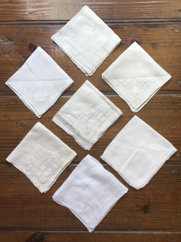 7 Antique Wedding White Linen Hankies Handkerchief Madeira Applique Openwork