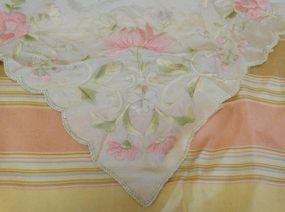 ANTIQUE CHINESE CANTON SILK EMBROIDERED FLORAL HANDKERCHIEF HANKIE