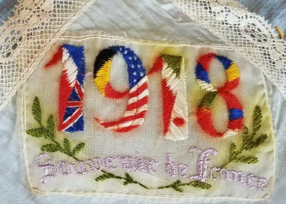 Antique 1918 French Silk Handkerchief Embroidery Lace Trim Hanky Souvenir France