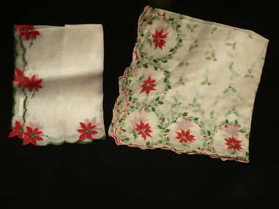 Antique Vintage Lot of 2 Christmas 1950s Handkerchiefs - One New Other Used Fab!