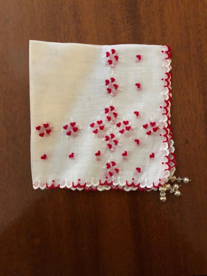 Antique/Vintage White Linen Handkerchief w/ Red Hearts and Bead Embellishment
