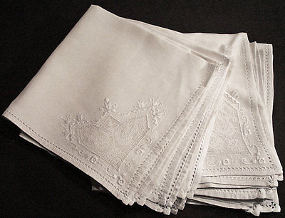 Vintage Linen Embroidered Dinner Napkins Set Of 12 Filet With Embroidery 21-1/4