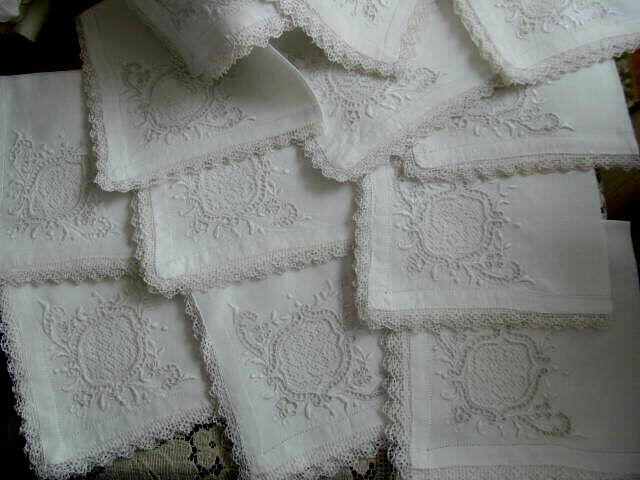 Set of 12~Antique Italian Linen Napkins Filet Lace Insert~Cutwork Embroidery